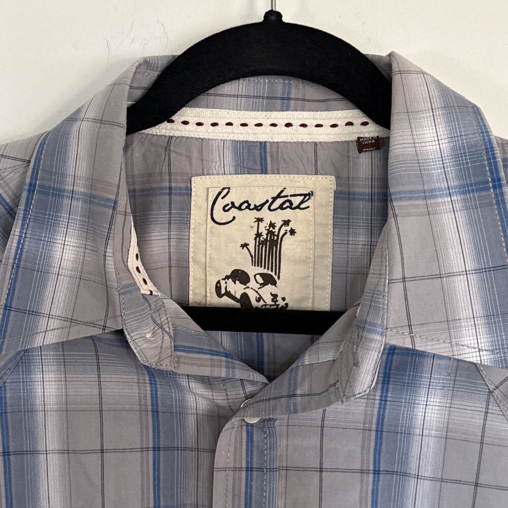 Coastal Men Western Shirt XL Blue Plaid Button Up Pearl Snap Long Sleeve Exc Con